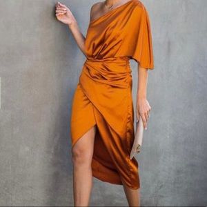 Persimmon one shoulder satin drape dress